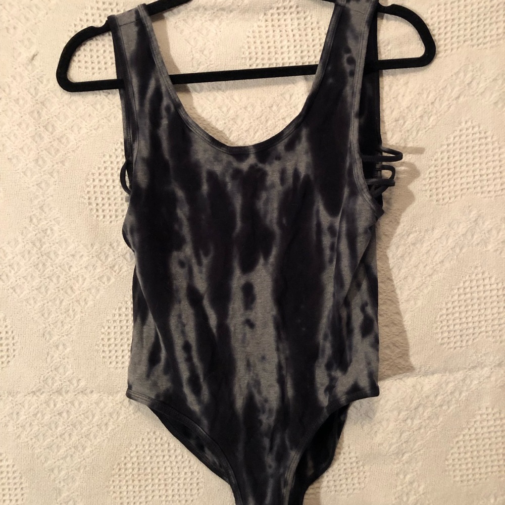 Dark tie dye body suit, cut out on sides